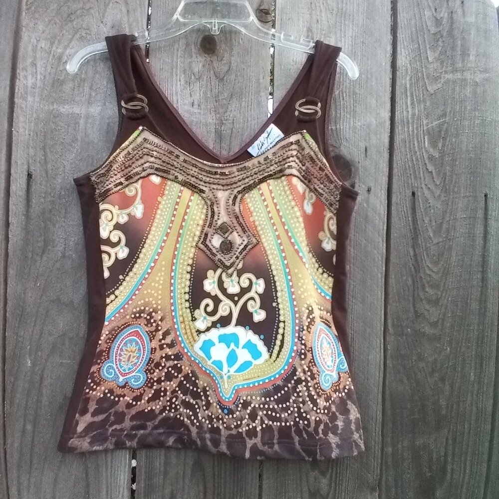 Vintage Linda Segal Sleeveless Pullover Tank Top L Deep V-Neck Brown Paisley